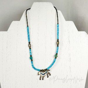 Vintage Turquoise Beads w Silver Horse Pendant Necklace